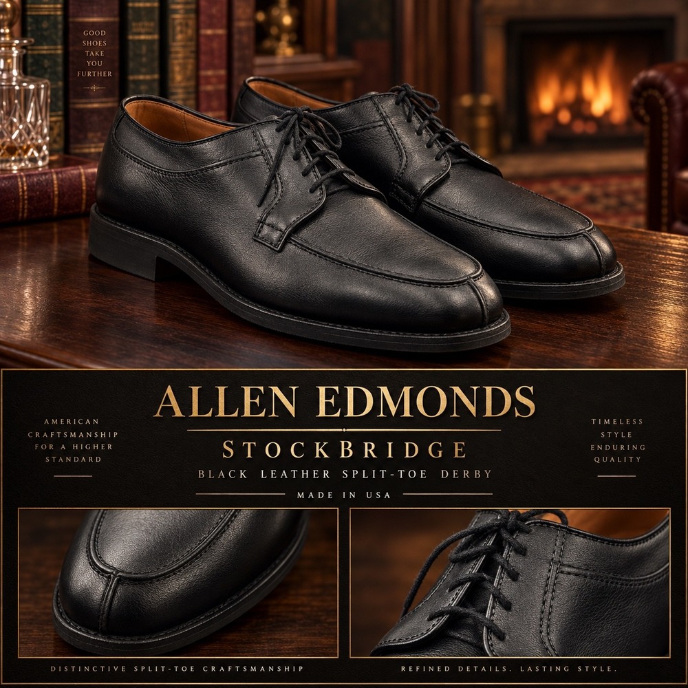 Allen Edmonds Stockbridge Mens 15 EEE Black Leather Split Toe Derby Shoes USA